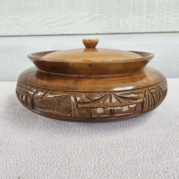 Monkey Pod Hand Carved Wooden Serving Storage Bowl with Lid MCM Tiki Philippines - Picture 3 of 12